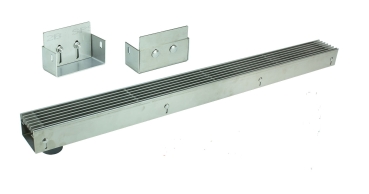 Edelstahlentwässerungsrinne mit Ablaufstutzen, Bauhöhe 60 bis 80mm, Edelstahl Längsstabrost SET Typ 1